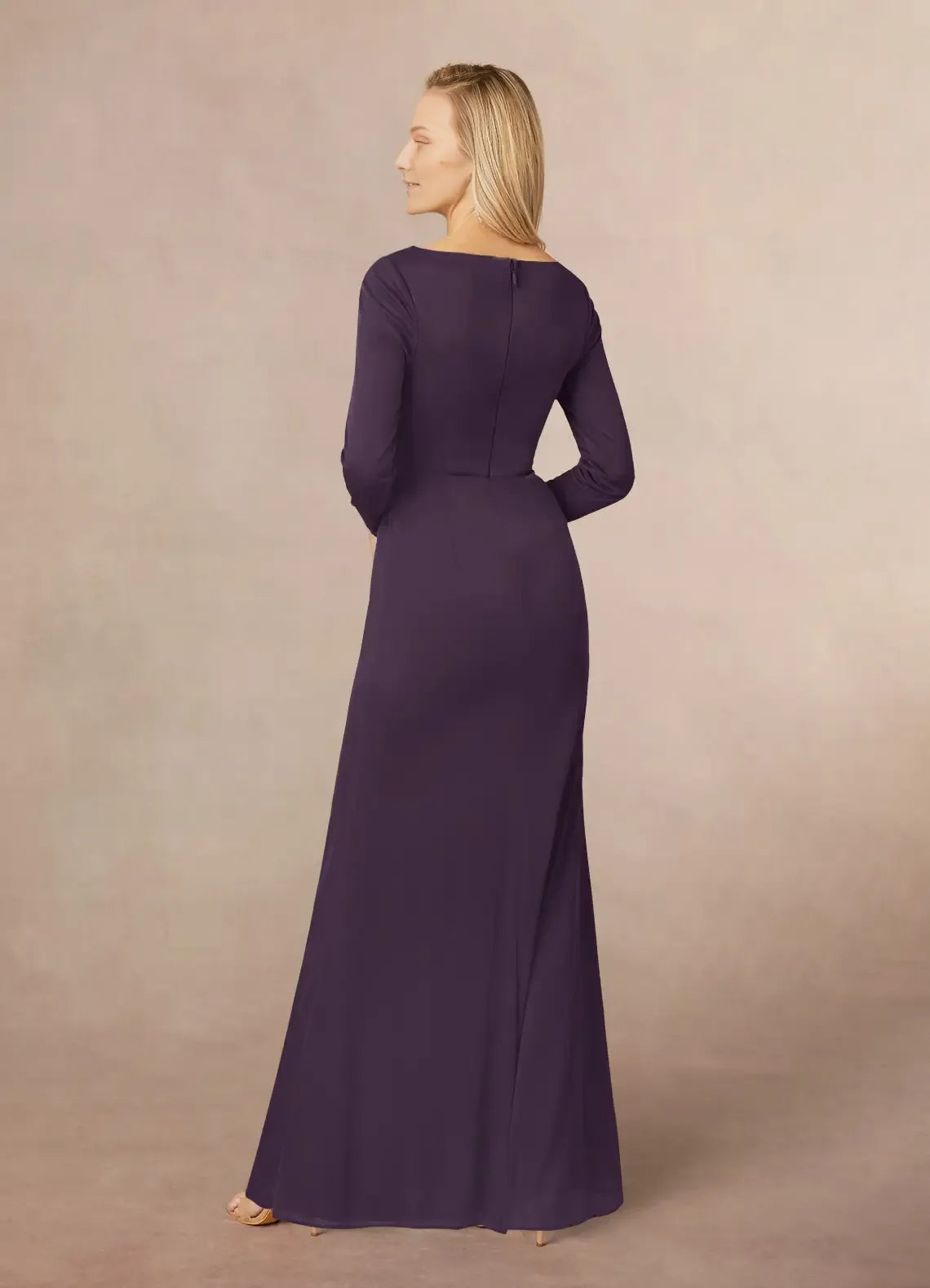 Beautiful A-Line Plum Mermaid V-Neck Pleated Mesh Mother of the Bride Dresses of the Bride with line Long Sheer Sleeves Draped Ruffles and Side Slit for Timeless Wedding Celebrations