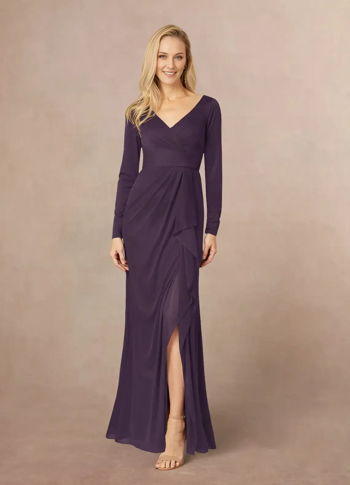 Beautiful A-Line Plum Mermaid V-Neck Pleated Mesh Mother of the Bride Dresses of the Bride with line Long Sheer Sleeves Draped Ruffles and Side Slit for Timeless Wedding Celebrations