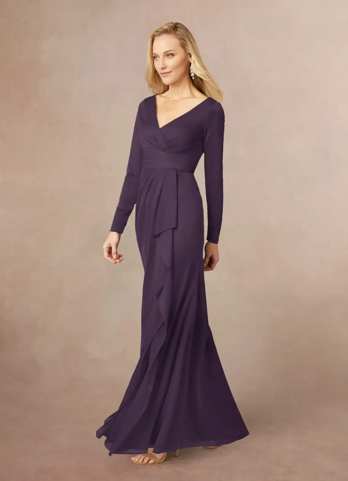 Beautiful A-Line Plum Mermaid V-Neck Pleated Mesh Mother of the Bride Dresses of the Bride with line Long Sheer Sleeves Draped Ruffles and Side Slit for Timeless Wedding Celebrations