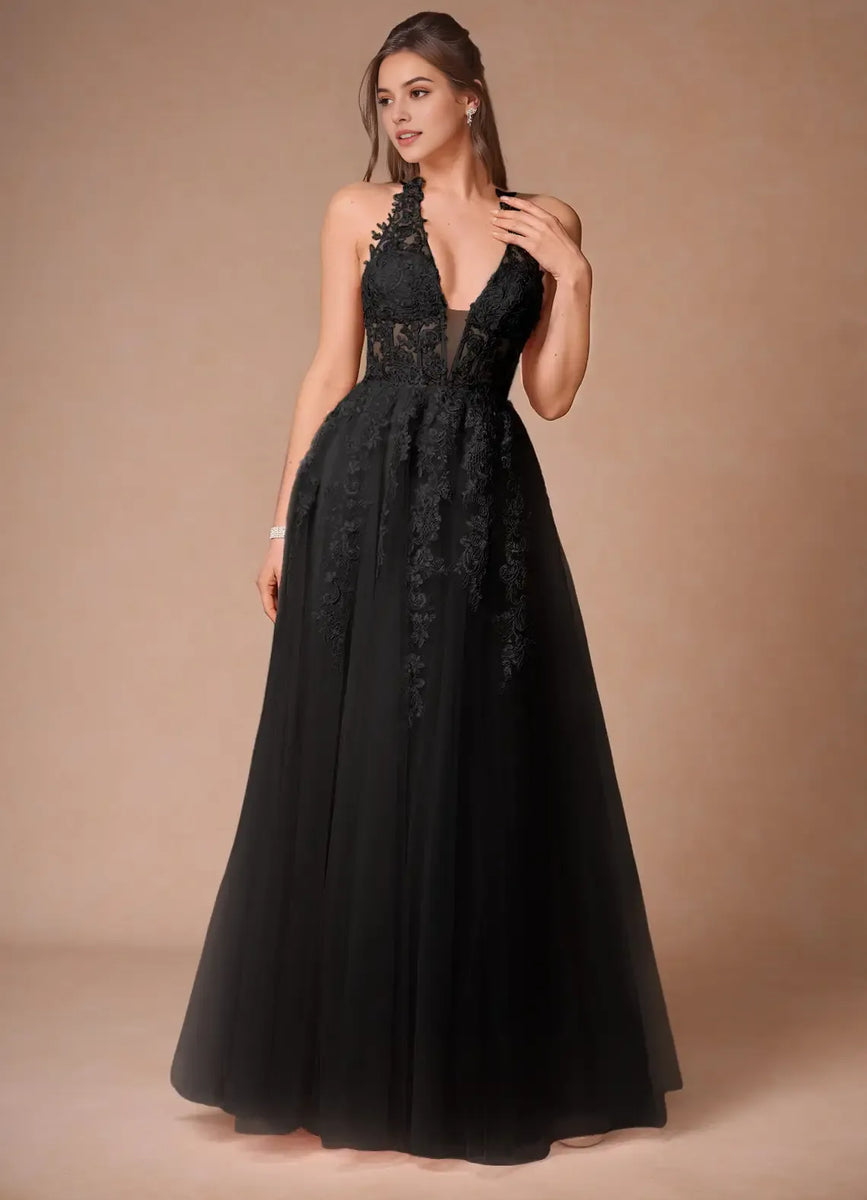 Black Halter Neck Prom Dress with Deep V