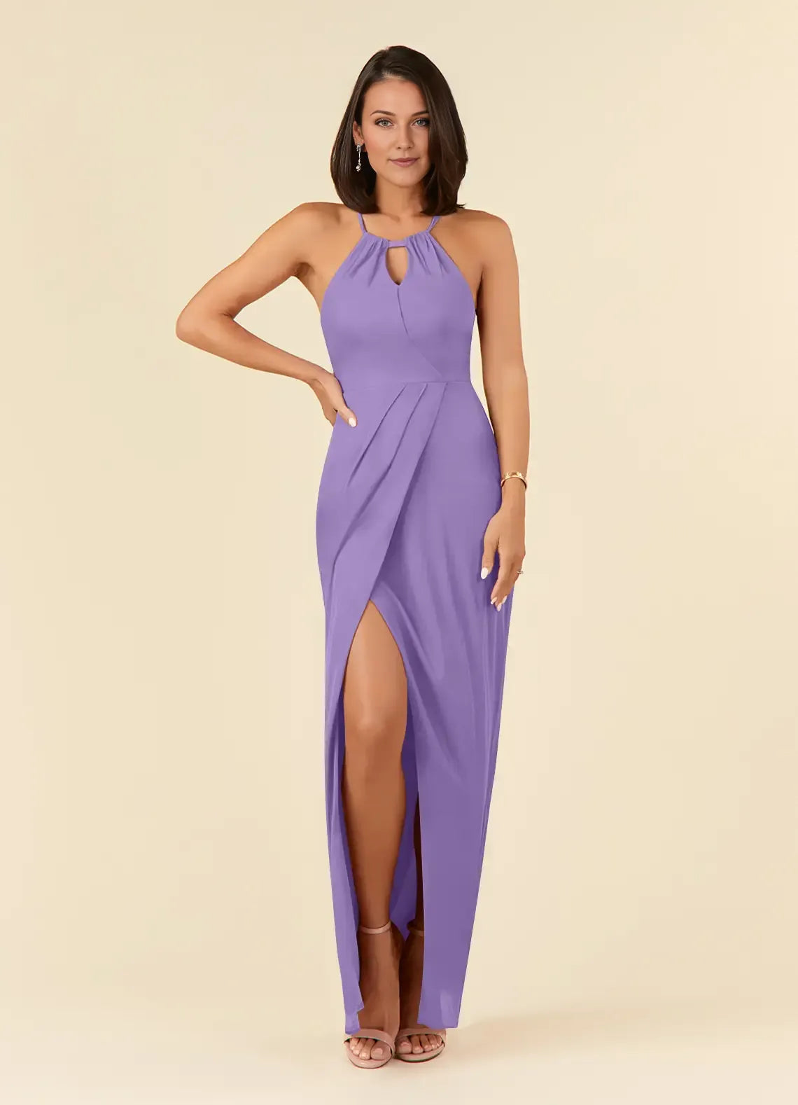Chic Lavender Mother of the Bride Dress with Halter Neckline Keyhole Cutout Pleated Detail and Side Slit