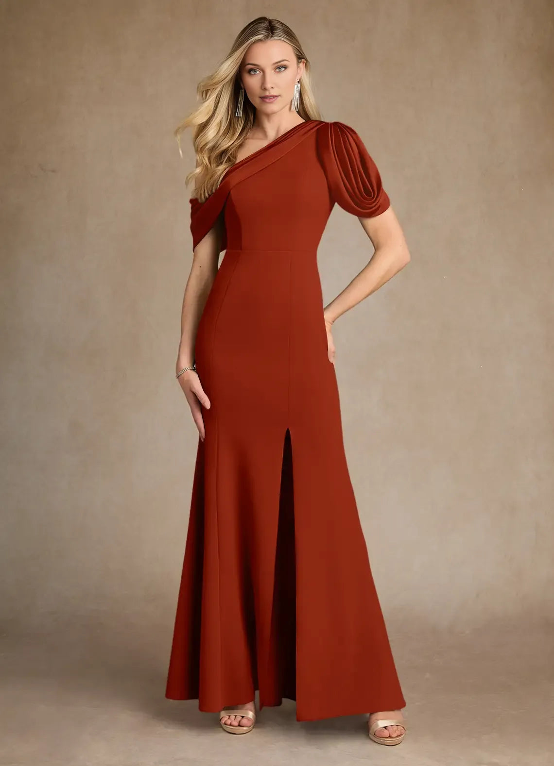 Chic Rust Mermaid Pleated Crepe Colored Mother of the Bride Dress with Asymmetric One - Shoulder Draped Sleeve and High Side Slit