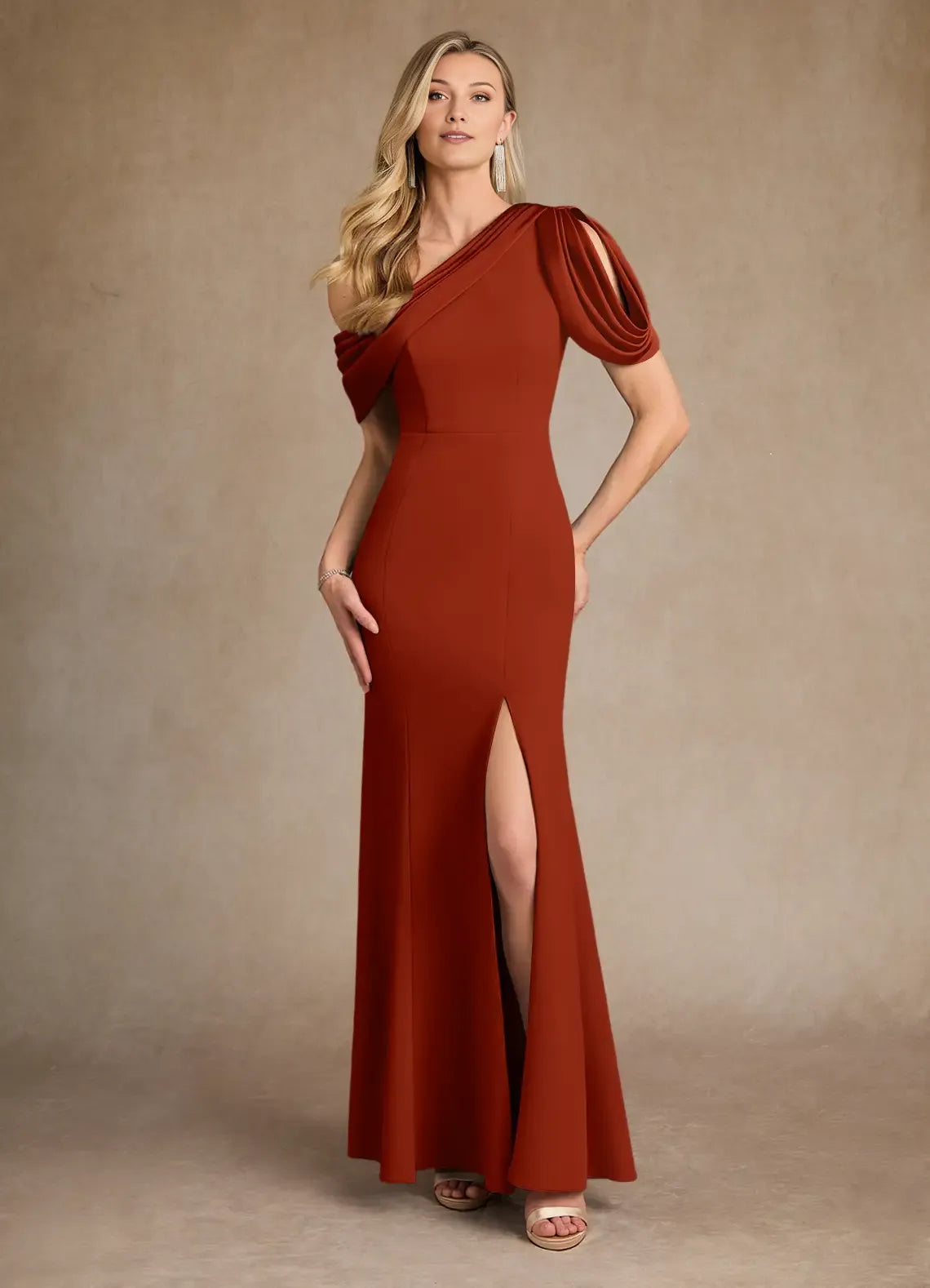 Chic Rust Mermaid Pleated Crepe Colored Mother of the Bride Dress with Asymmetric One - Shoulder Draped Sleeve and High Side Slit