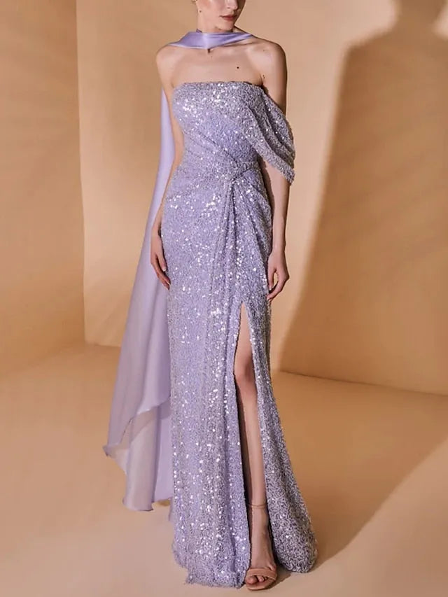 Chiffon Sheath/Column Strapless Floor-Length Formal Dresses with Polka Dot Print & Slit main image 1
