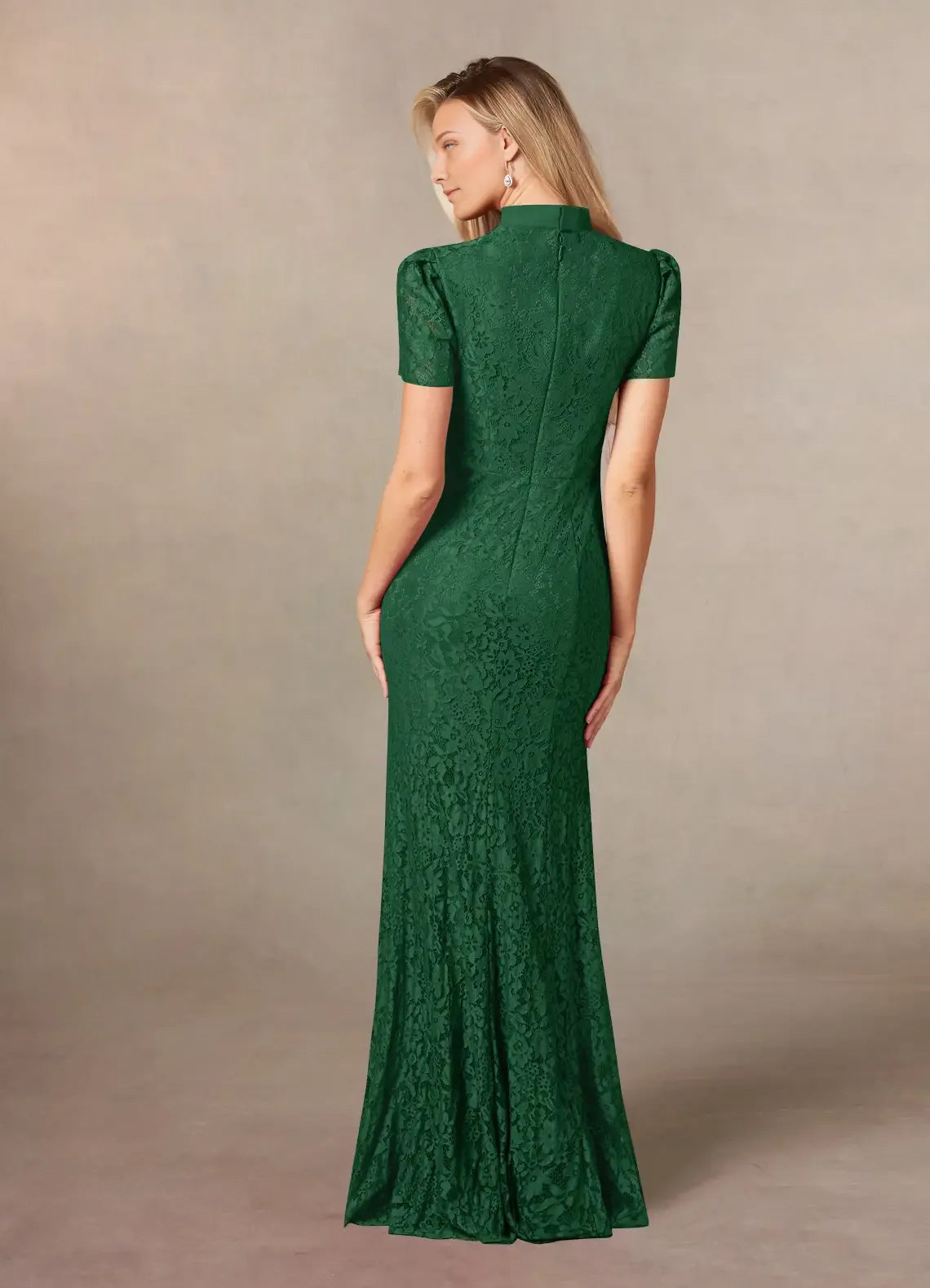 Dark Green Mermaid Lace Chiffon Mother of the Bride Dress with Bow Tie Neckline Short Puff Sleeves and Floral