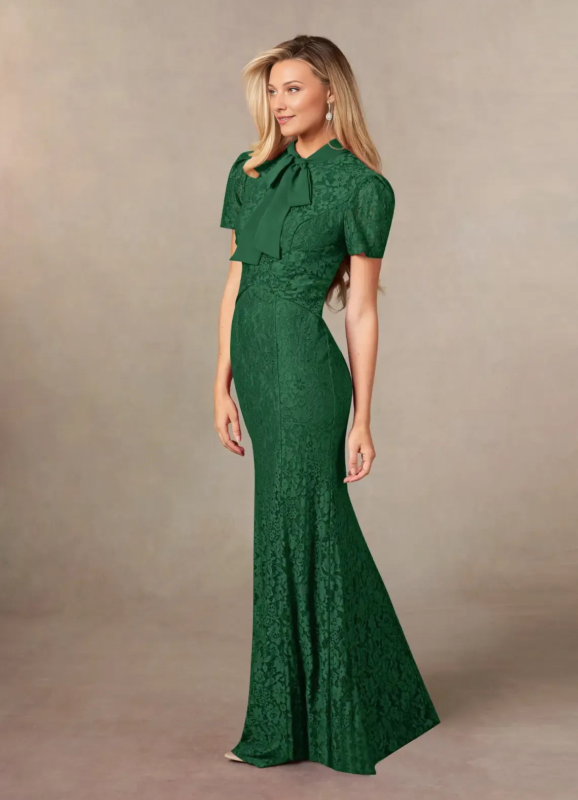 Dark Green Mermaid Lace Chiffon Mother of the Bride Dress with Bow Tie Neckline Short Puff Sleeves and Floral