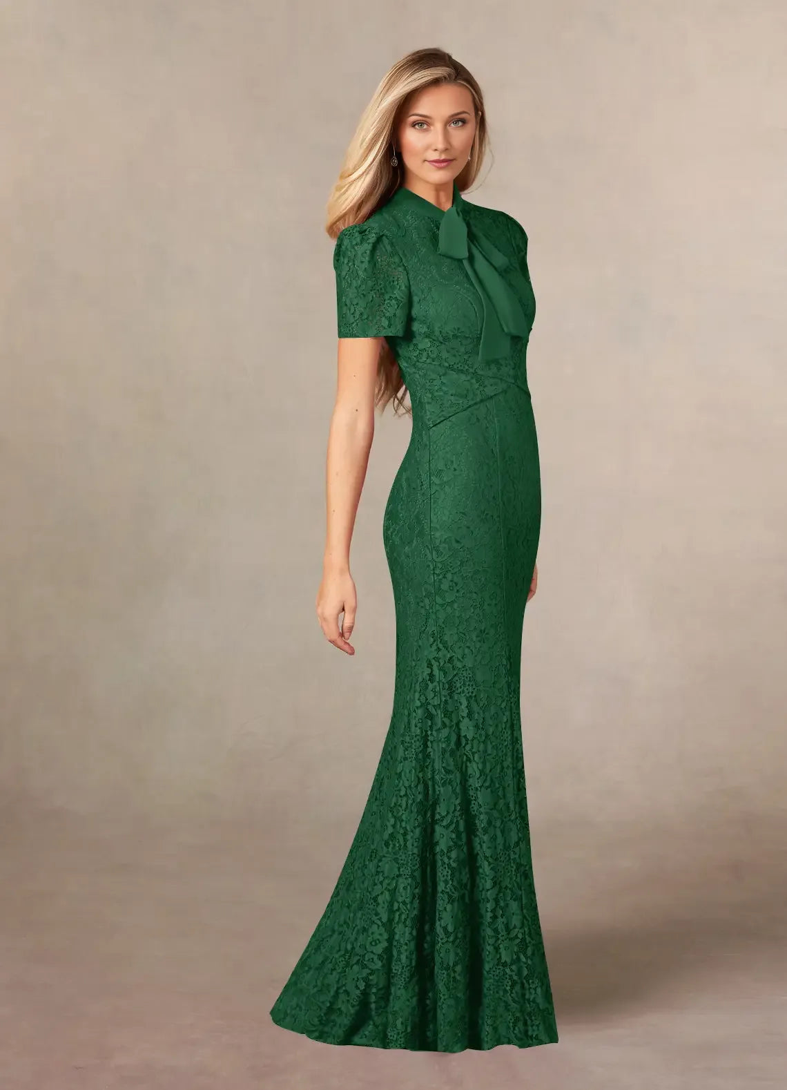 Dark Green Mermaid Lace Chiffon Mother of the Bride Dress with Bow Tie Neckline Short Puff Sleeves and Floral