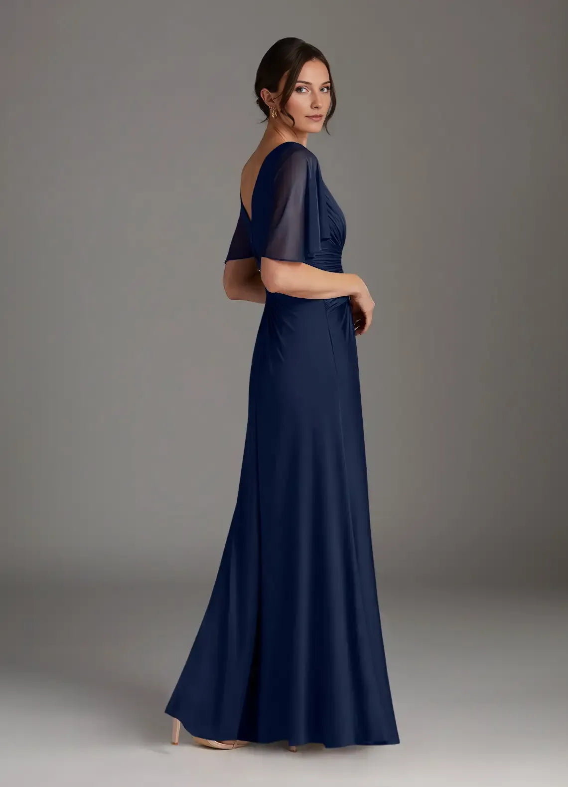 Dark Navy A-Line Pleated Mother of the Bride Dress with Sheer Flutter Sleeves Ruched V - Neck Bodice Flowy Chiffon Skirt