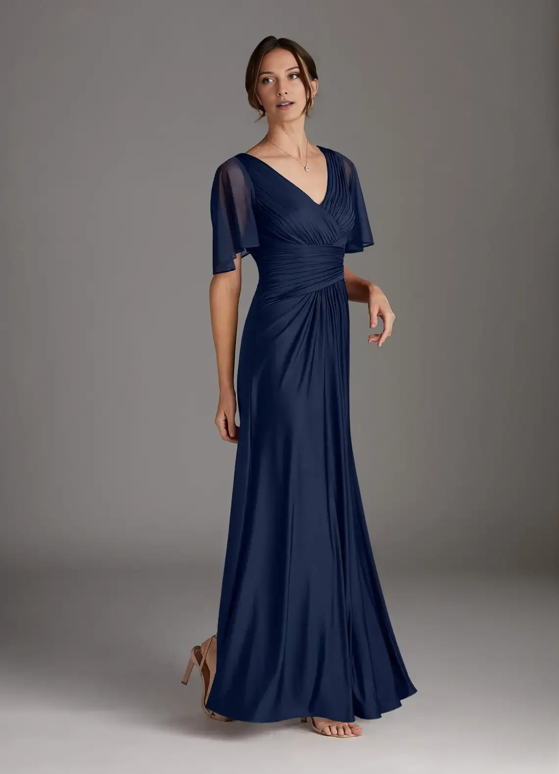 Dark Navy A-Line Pleated Mother of the Bride Dress with Sheer Flutter Sleeves Ruched V - Neck Bodice Flowy Chiffon Skirt