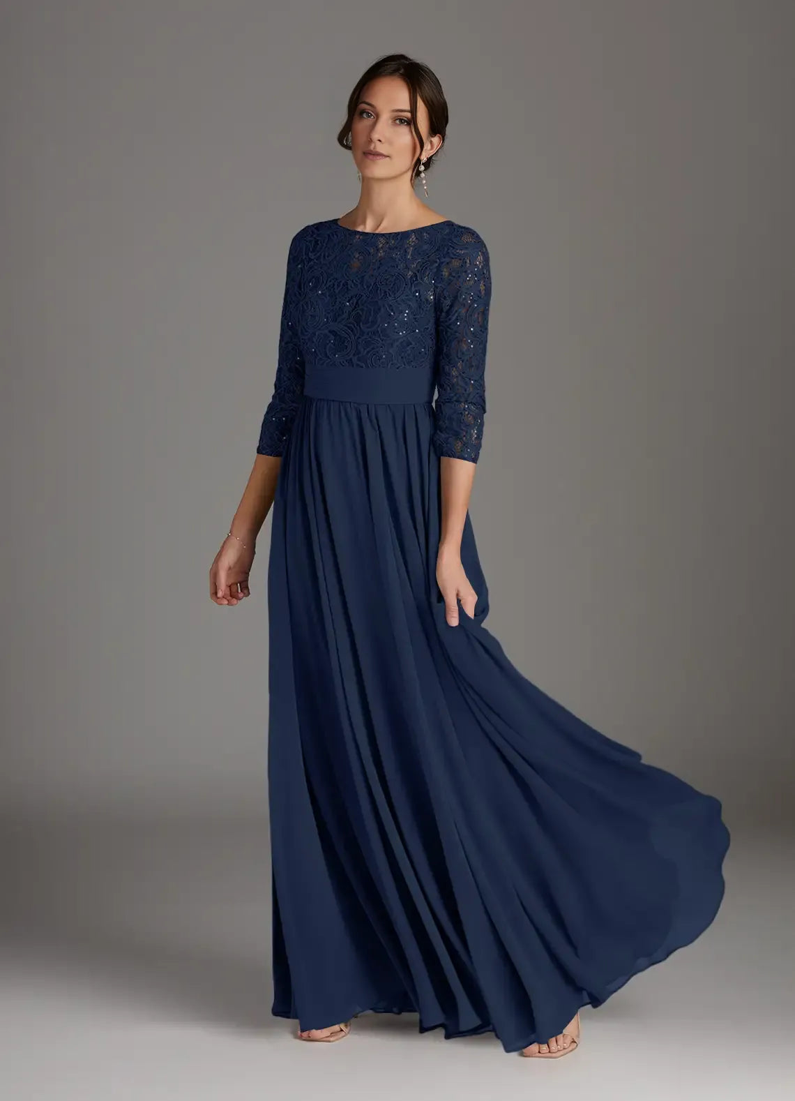 Dark Navy A-Line Sequins Chiffon hot sale Mother of the Bride Dress with Lace Bodice Boat Neckline 3/4 Sleeves