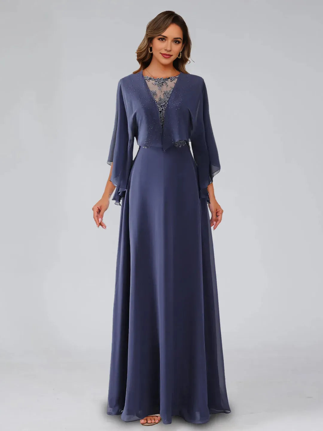 Elegant A-Line Scoop Neck Sleeveless Zip-Back Floor-Length Pleated Mother of the Bride Dresses with Lace Appliques Rhinestones Shawl