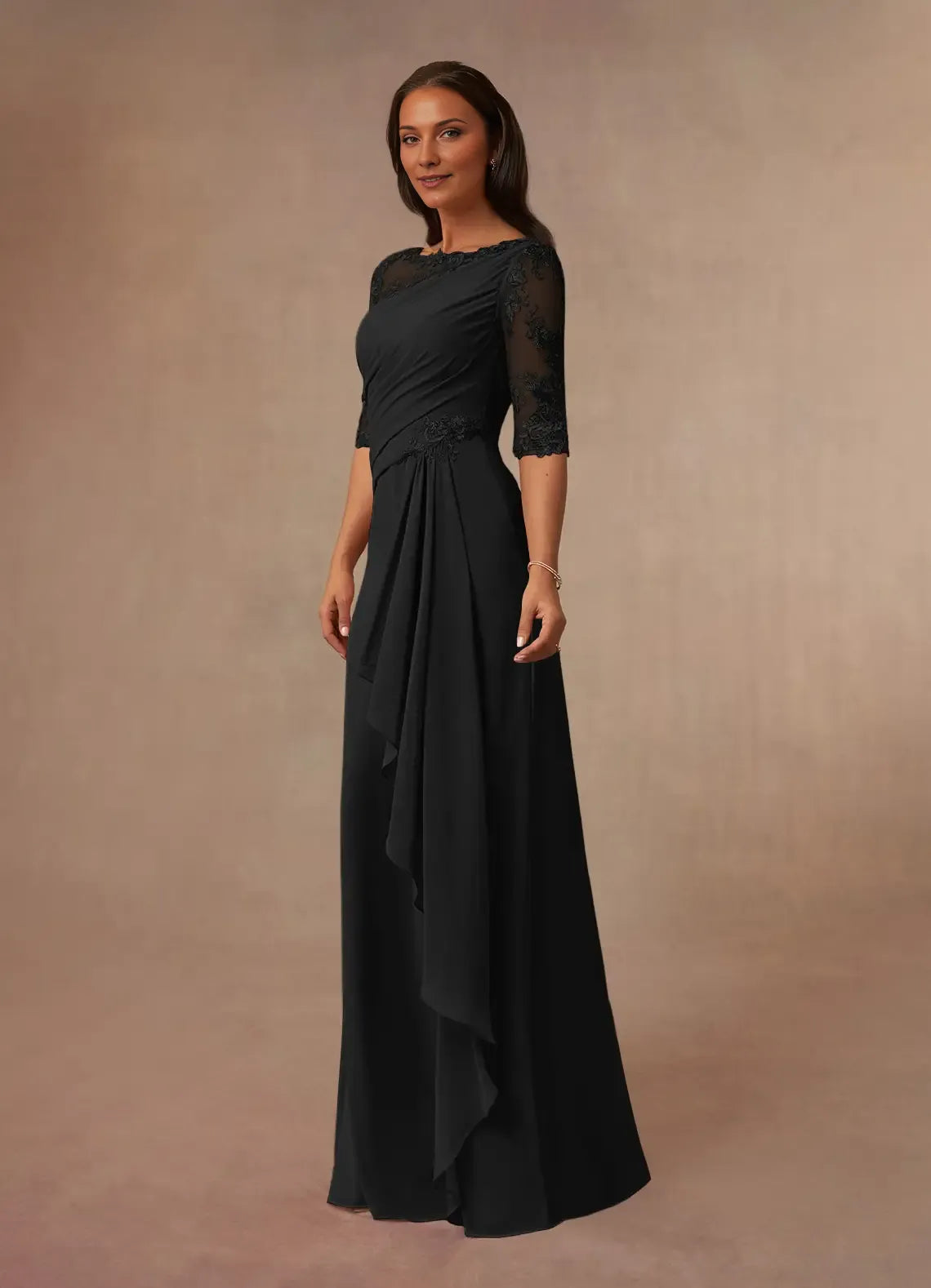 Elegant Black A-Line Boatneck Lace Chiffon Mother of the Bride Dress with Sheer Sleeves Asymmetric Draping, and Ruffled Side Detail