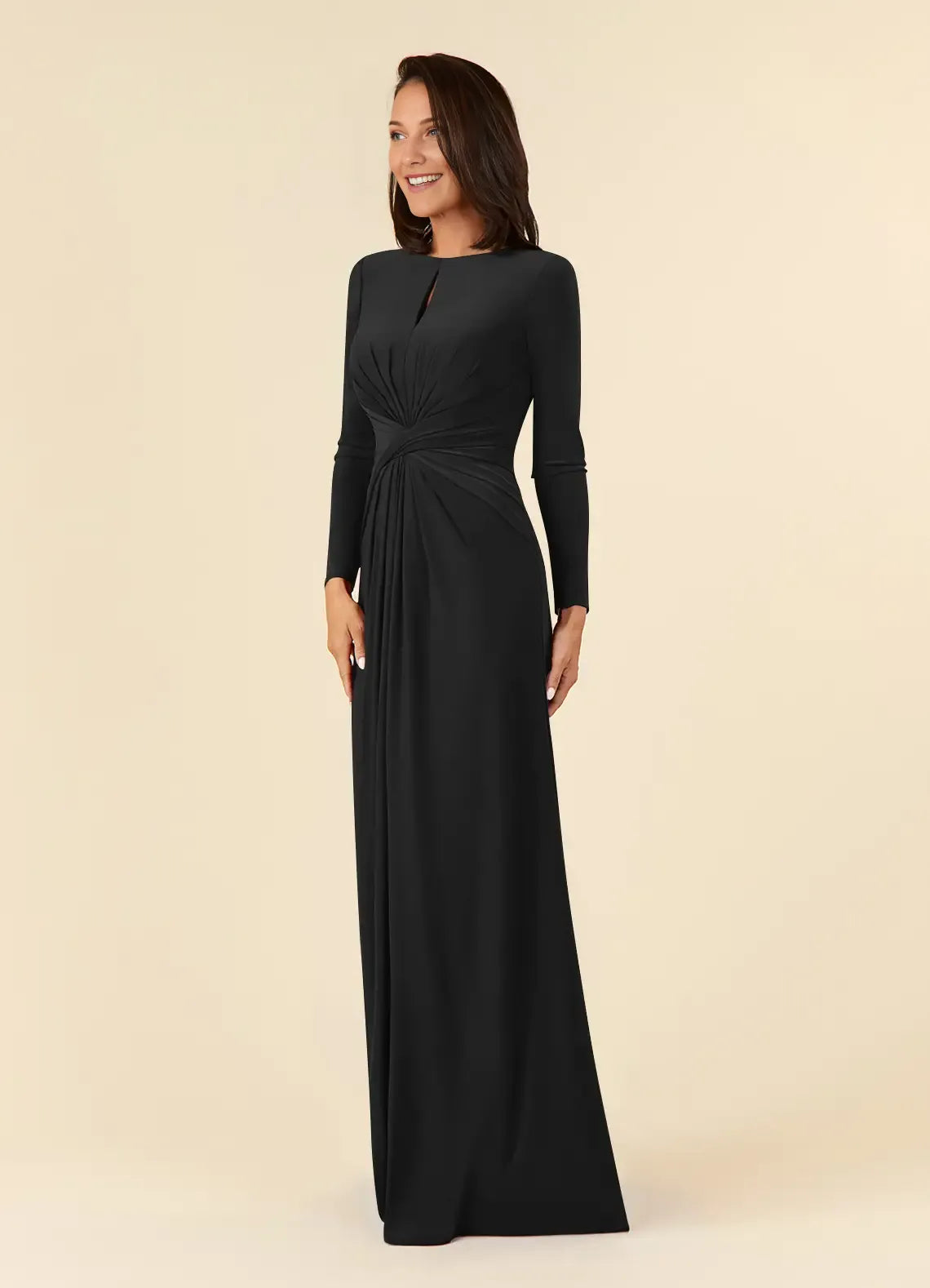 Elegant Black A-Line Pleated Luxe Mother of the Bride Dress with Long Sleeves Keyhole Neckline and Ruched Twist Waist Detailing