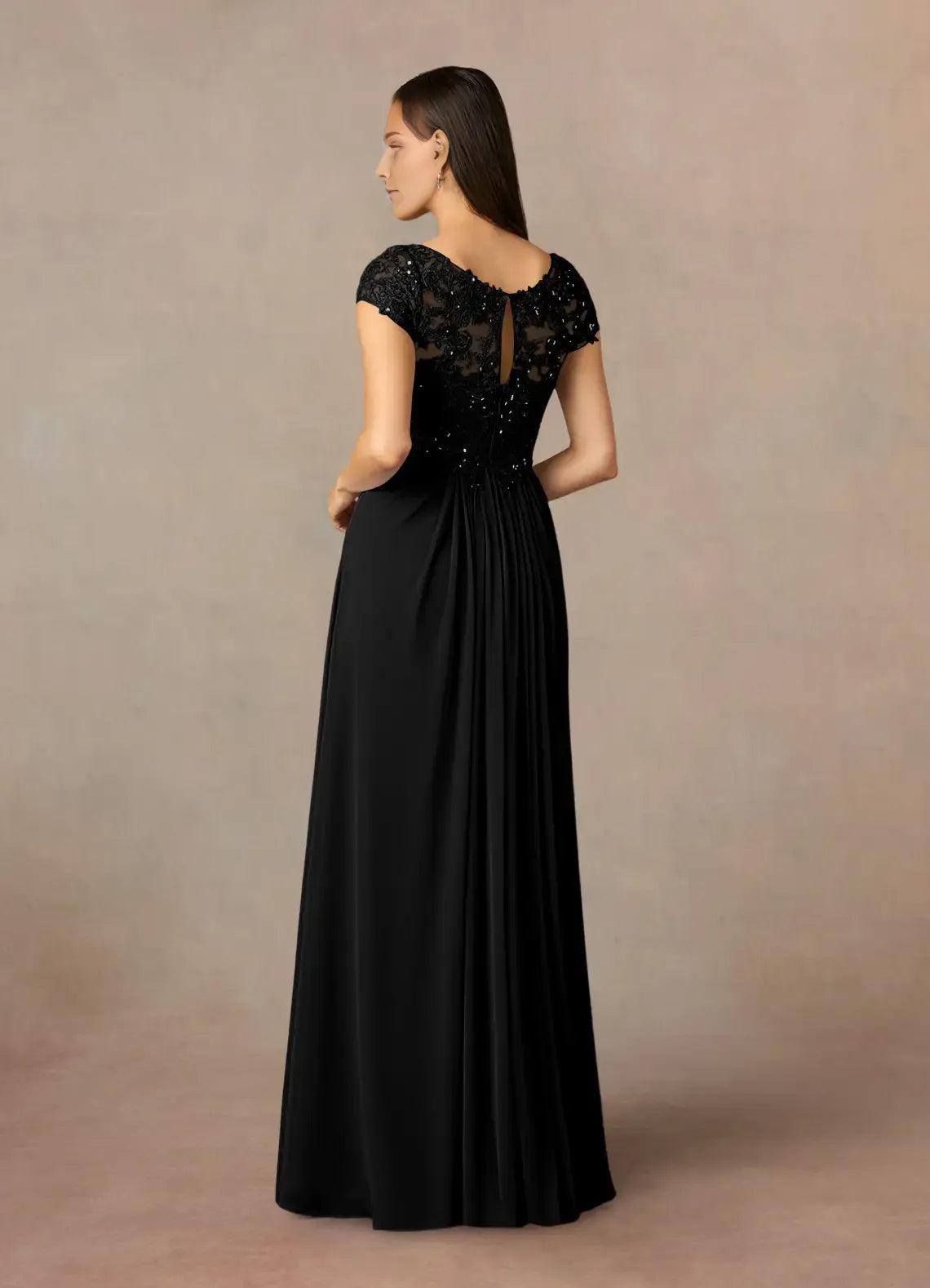 Elegant Black A-Line V-Neck Sequin Lace Mother of the Bride Dress with Cap Sleeves Beaded Bodice and Flowy Chiffon Skir