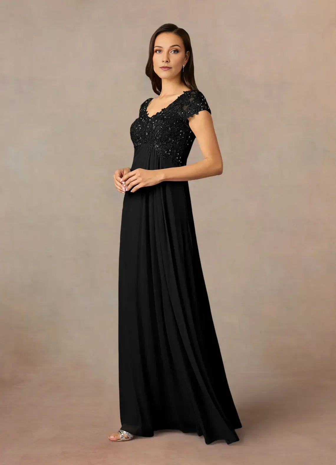 Elegant Black A-Line V-Neck Sequin Lace Mother of the Bride Dress with Cap Sleeves Beaded Bodice and Flowy Chiffon Skir