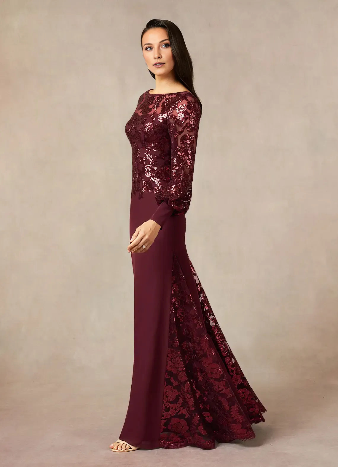 Elegant Cabernet Mermaid Sequins Lace Mother of the Bride Dress with Sheer Sequin Embellished Long Sleeves Boat Neckline and Contrast Train Detailing