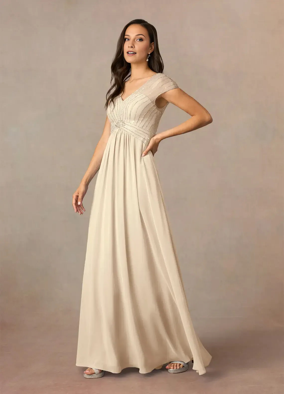 Elegant Champagne A-Line V-Neck sequins Chiffon Mother of the Bride Dress with Beaded Bodice Cap Sleeves and Flowy Chiffon Skirt