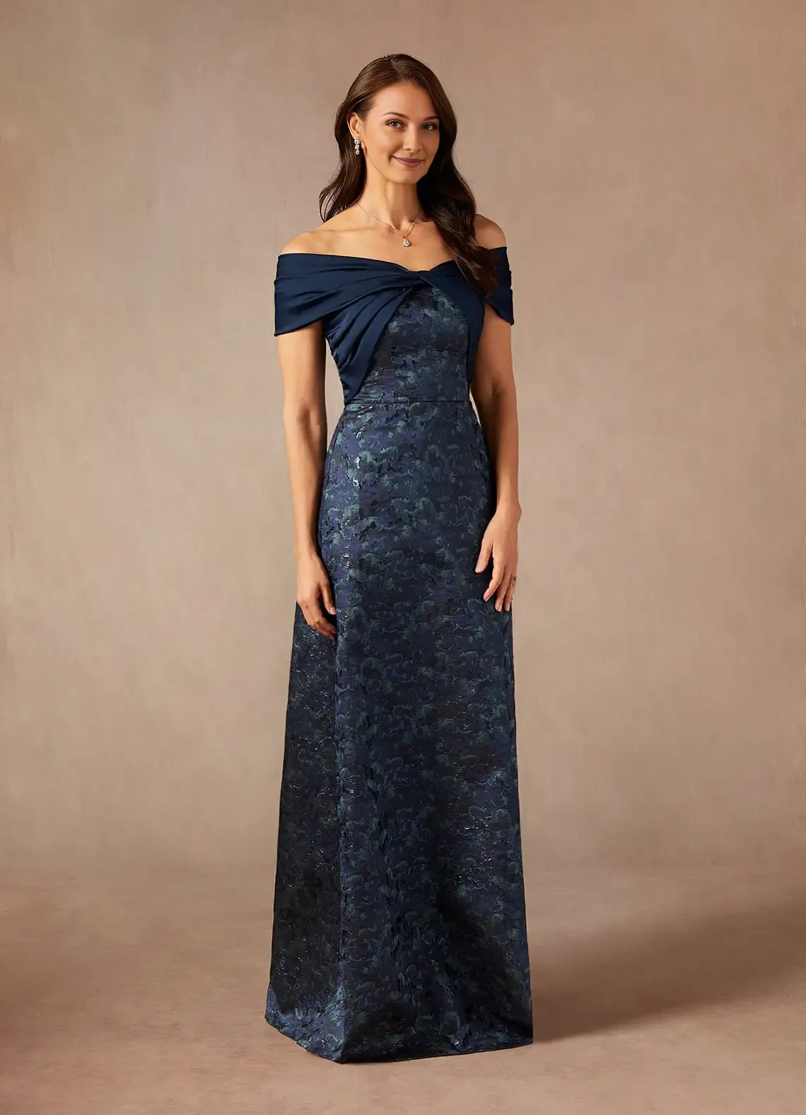 Elegant Dark Navy A-Line Off the Shoulder Jacquard Mother of the Bride Dress with Twisted Bodice Overlay and Textured Lace Skirt