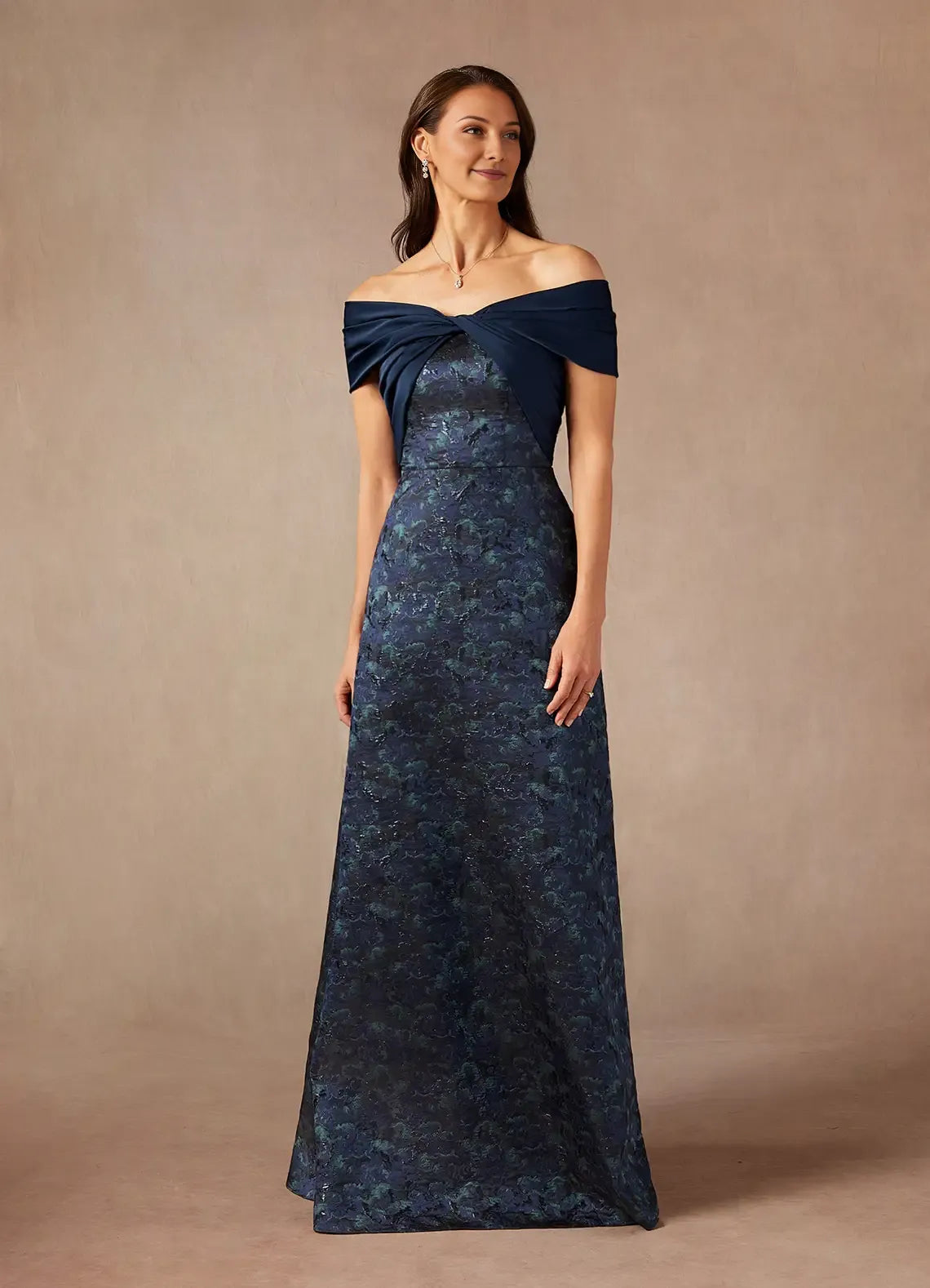 Elegant Dark Navy A-Line Off the Shoulder Jacquard Mother of the Bride Dress with Twisted Bodice Overlay and Textured Lace Skirt