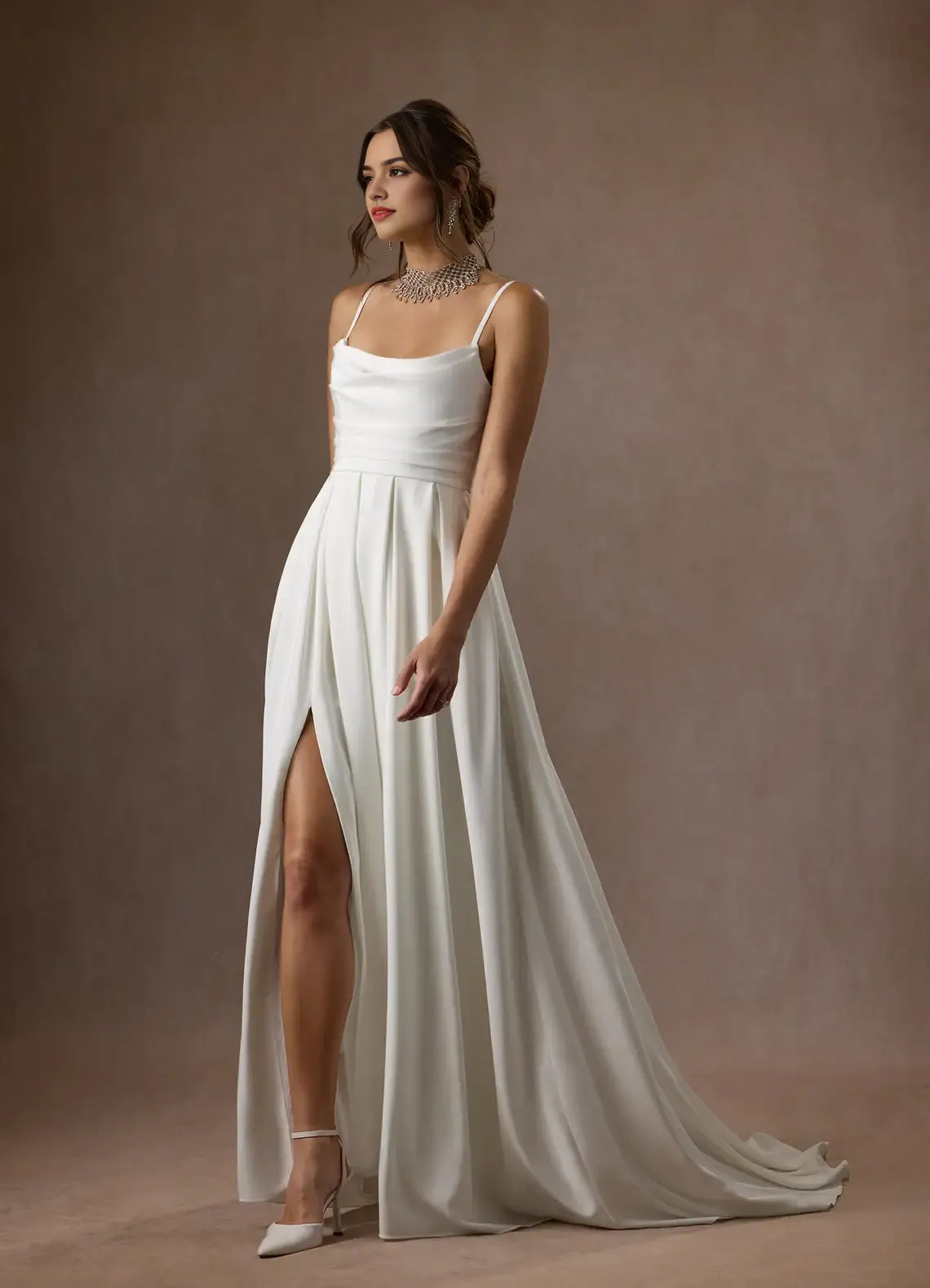 Elegant Diamond White Spaghetti Strap A-Line Scoop Pleated Crepe Back Satin Wedding Dresses for women Hot Sale