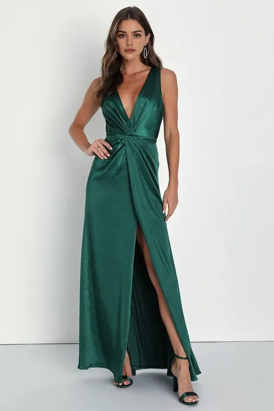 Elegant Emerald Green Satin Evening Dresses with Plunging V - Neck Twist Front High Side Slit Perfect for Sophisticated Formal