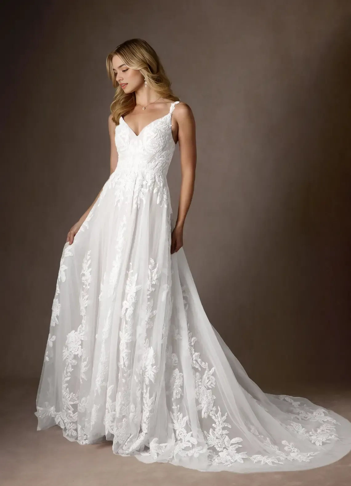 Elegant Lace A-Line V-Neck Sequins Tulle Embroidered Wedding Dresses Spaghetti Straps Neckline Sheer Tulle Overlay Train deal for Formal Wedding Ceremonies