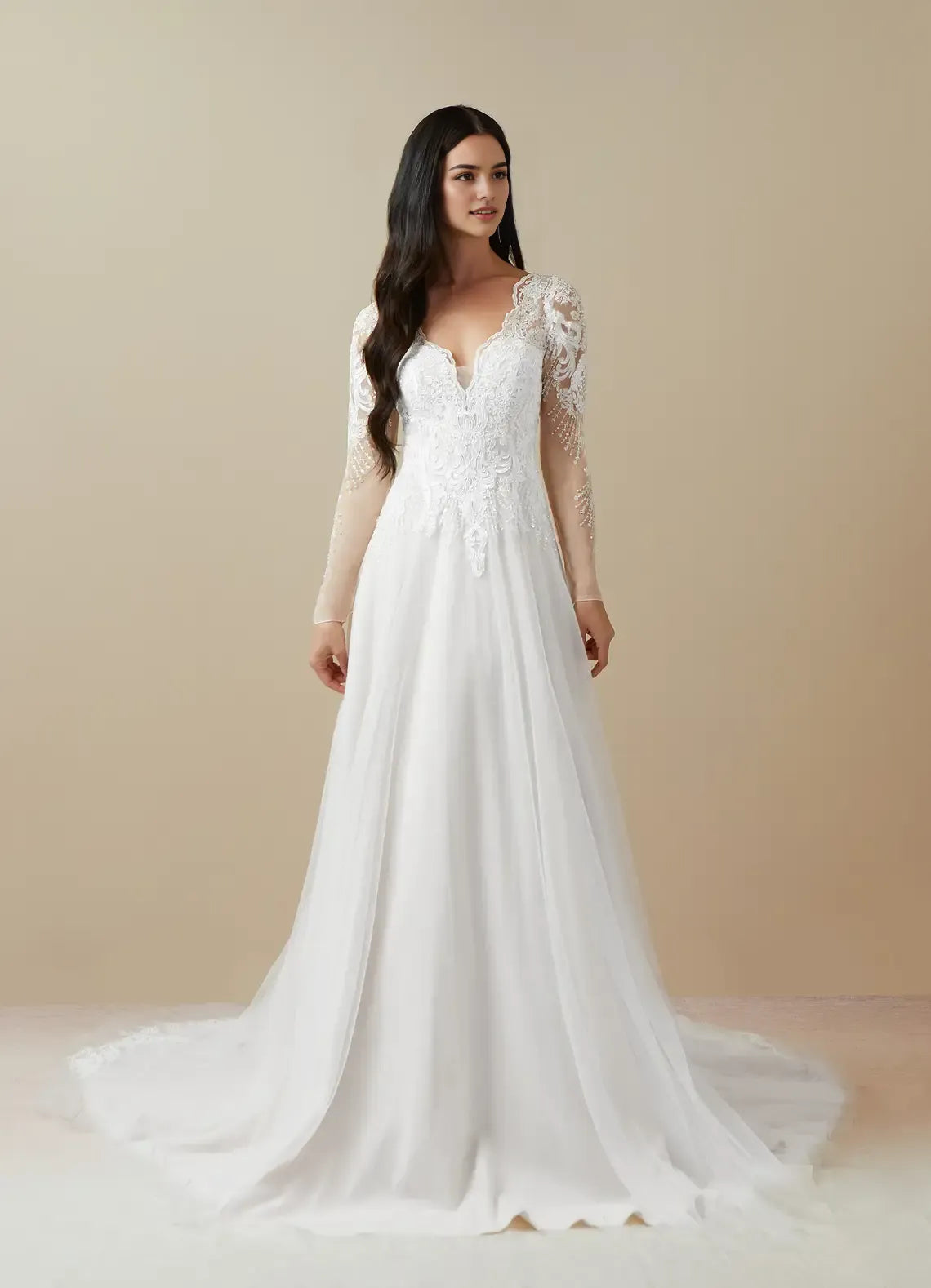 Elegant Long Sleeve Lace Diamond White A-Line V-Neck Sequins Tulle Wedding Dress Sheer Plunging Floral Embroidery Train for Romantic Weddings