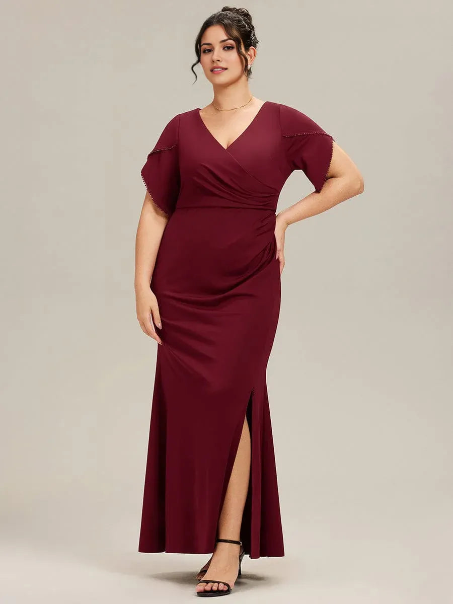 Elegant Mermaid V-Neck Flutter Sleeves Side Slit Velvet Long Wedding Guest Dresses main image 1