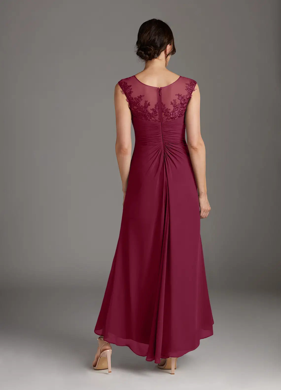 Elegant Mulberry A-Line Scoop Lace Chiffon Mother of the Bride Dress with Sheer Bodice Sleeveless Design Pleated Skirt for mother of the bride for sale