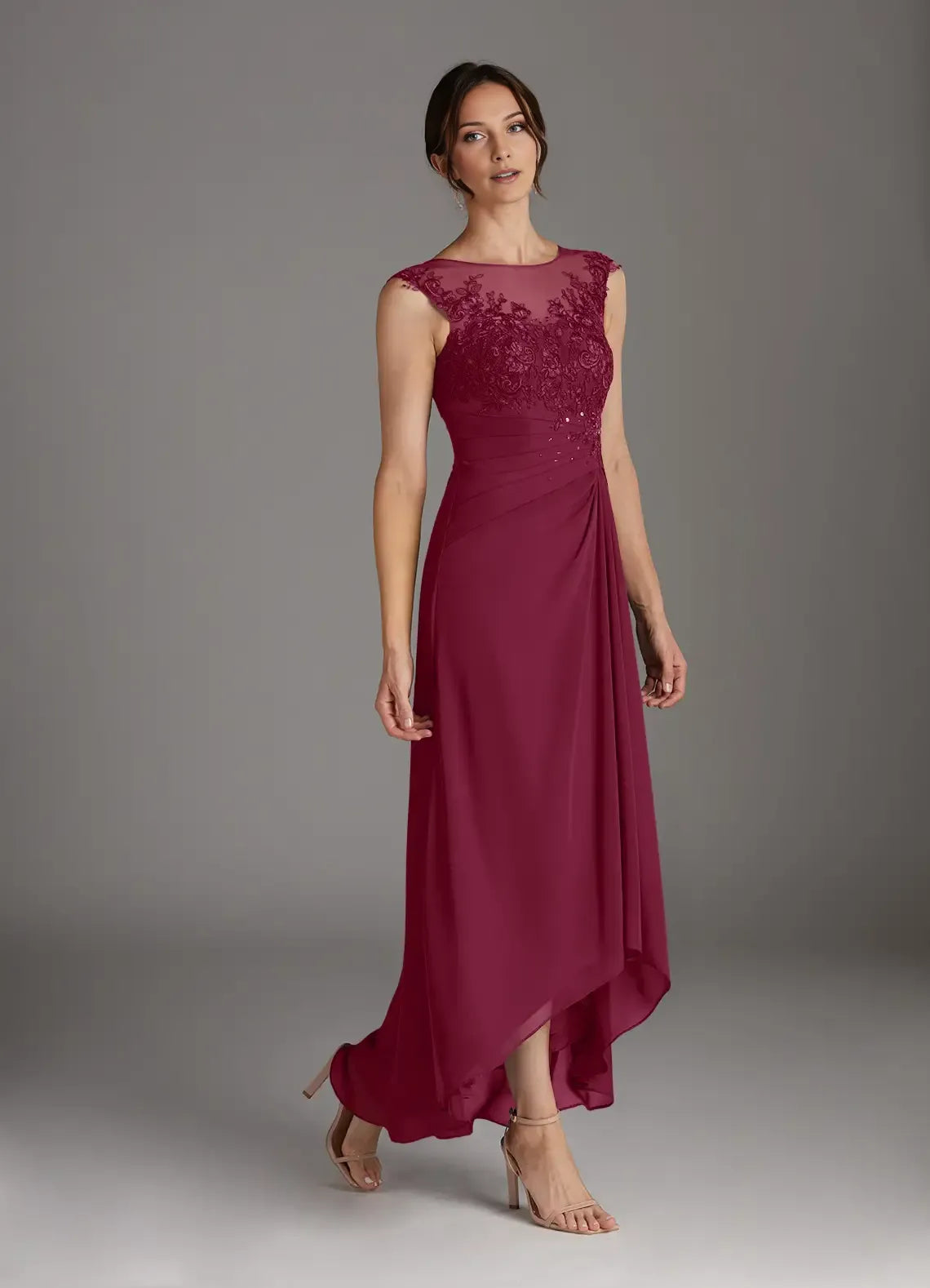 Elegant Mulberry A-Line Scoop Lace Chiffon Mother of the Bride Dress with Sheer Bodice Sleeveless Design Pleated Skirt for mother of the bride for sale