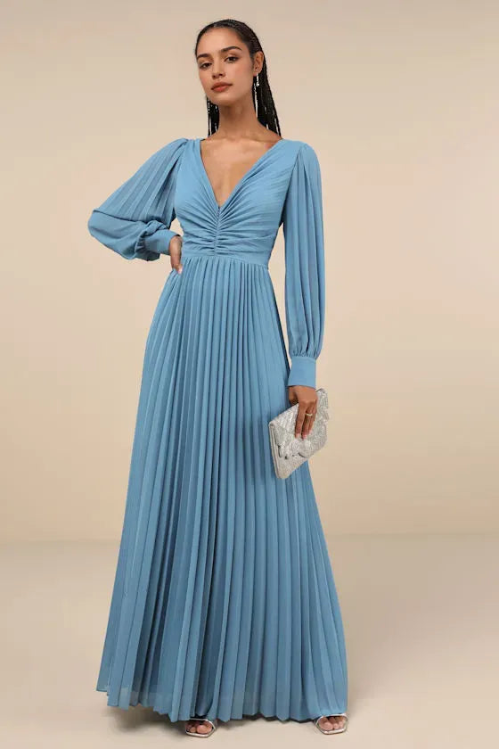 Elegant Sky Blue Pleated Evening Dresses with Plunging V - Neck Long Bishop Sleeves Ruched Bodice Perfect for Sophisticated Formal Galas