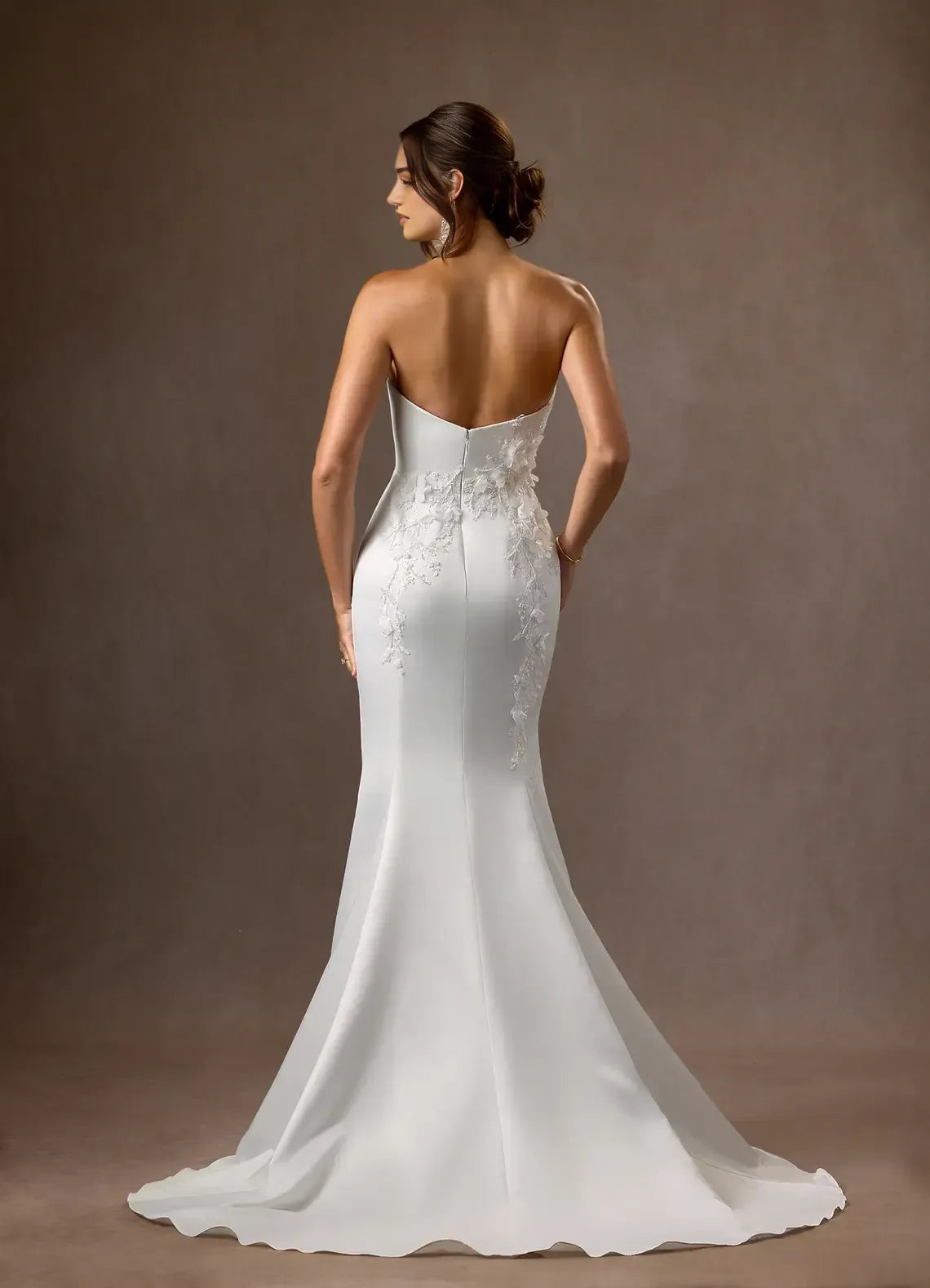 Elegant Strapless Mermaid Strapless Matte Satin Wedding Dress Satin Fabric 3D Floral Appliqués Detachable Train Mermaid Silhouette Perfect for Timeless Bridal Looks