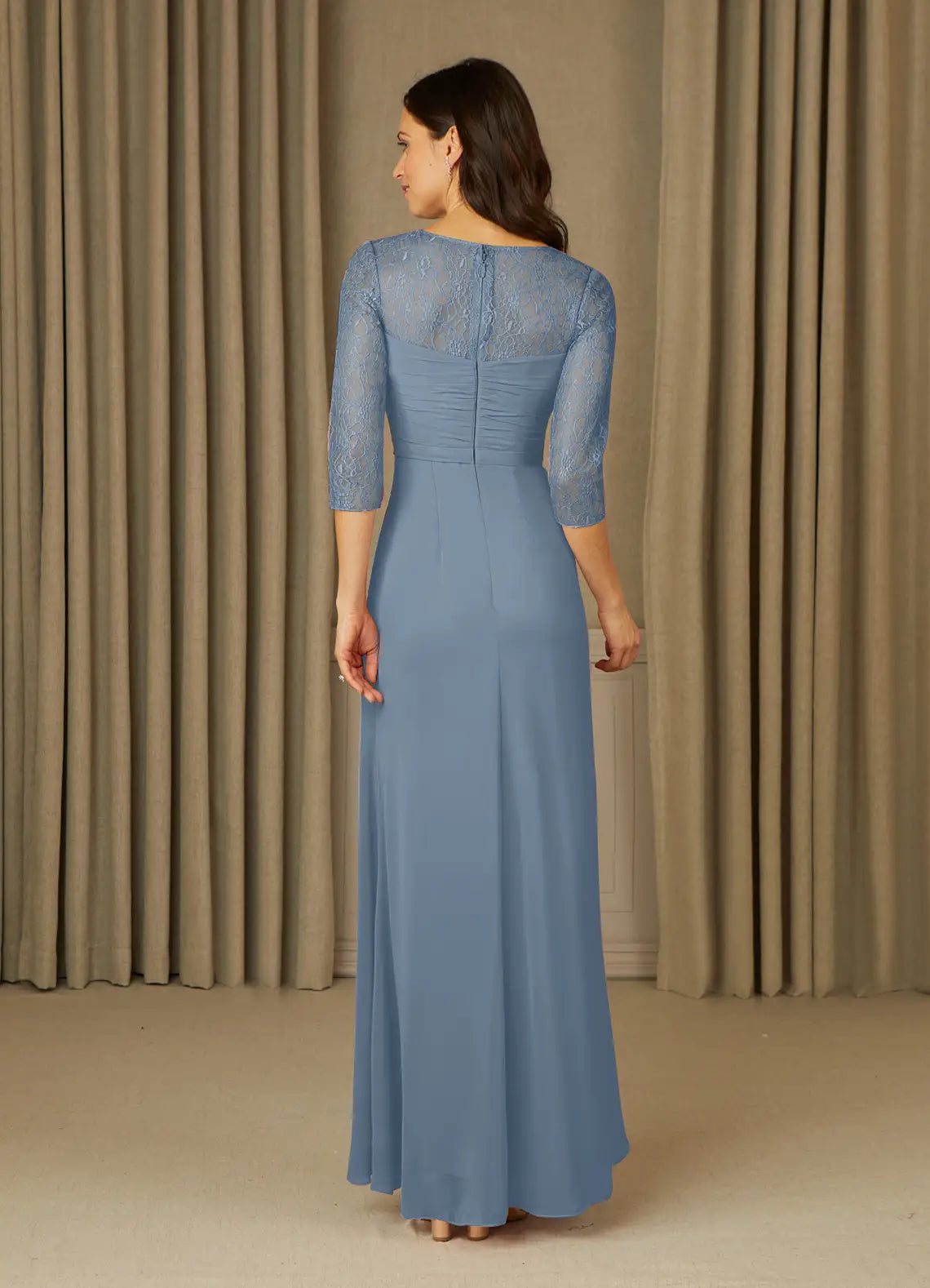 Elegant Dusty Blue A-Line Lace Chiffon Mother of the Bride Dress with 3/4 Sleeves Ruched Bodice and Flowy Skirt for Formal Occasions