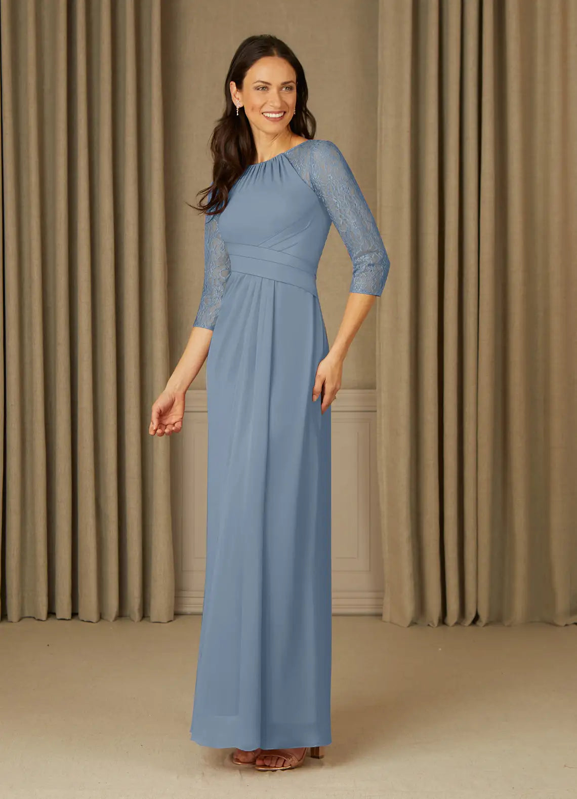 Elegant Dusty Blue A-Line Lace Chiffon Mother of the Bride Dress with 3/4 Sleeves Ruched Bodice and Flowy Skirt for Formal Occasions