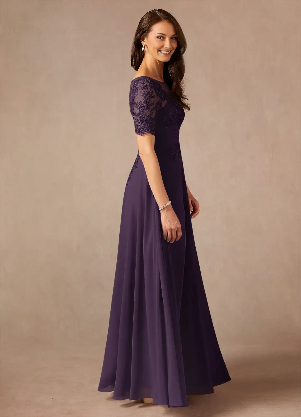 Elegant Plum A-Line Lace Chiffon Mother of the Bride Dress with Sheer Bodice Short Sleeves and Embroidered Waist Detailing hot sale
