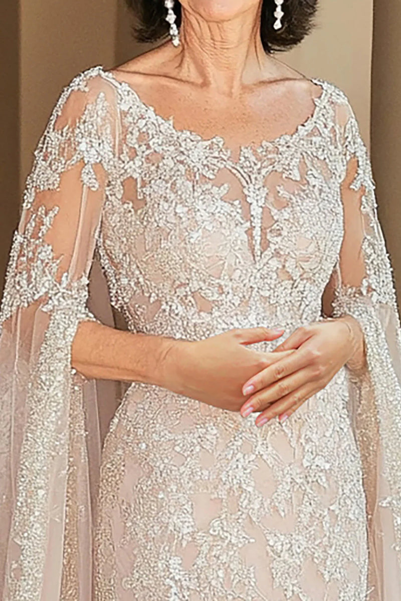 Floral Beige Scoop Mother of the Bride Dress with Cape – LUODILAN DRESS