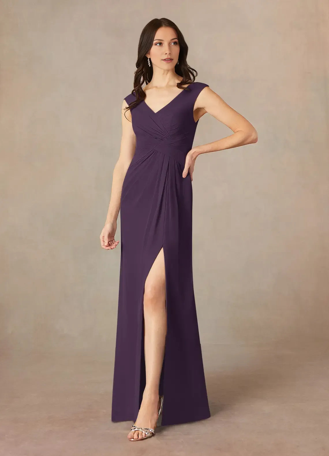 Plum A-Line V-Neck Pleated Chiffon Mother of the Bride Dress with Sleeveless Design Ruched Waist Detailing and Side Slit