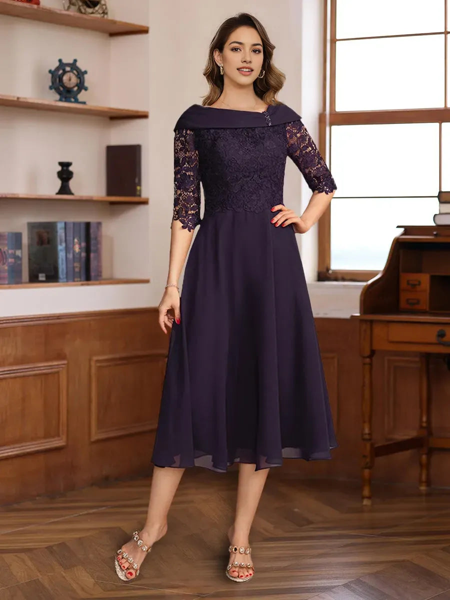 A-Line/Princess Illusion Neck Half Sleeves Tea-Length Mother of the Bride Dresses with Applique & Sash