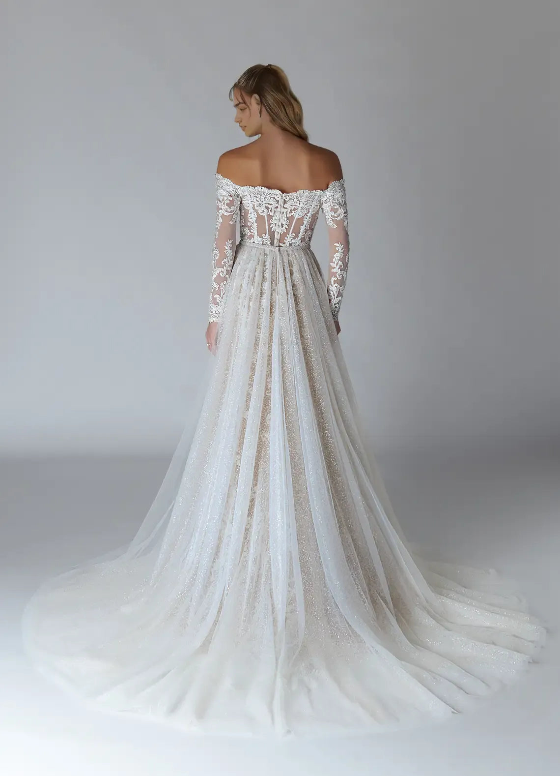 Sophisticated Lace Diamond White Nude A-Line V-Neck Sequins Tulle Wedding Gown Off Shoulder Neckline Sheer Sleeves Hand Embroidered Illusion Skirt Train