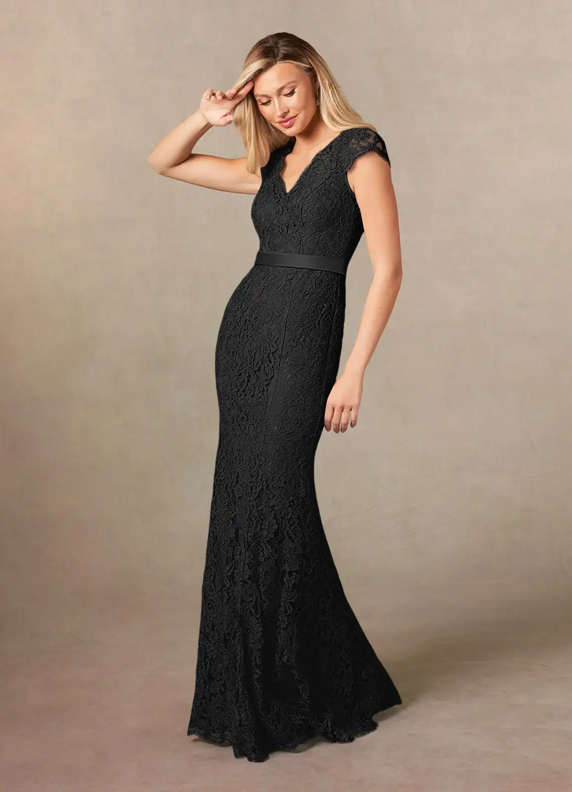Unique Black Mermaid Mother of the Bride Dresses Lace with V - Neckline Cap Sleeves and Slim Waistband
