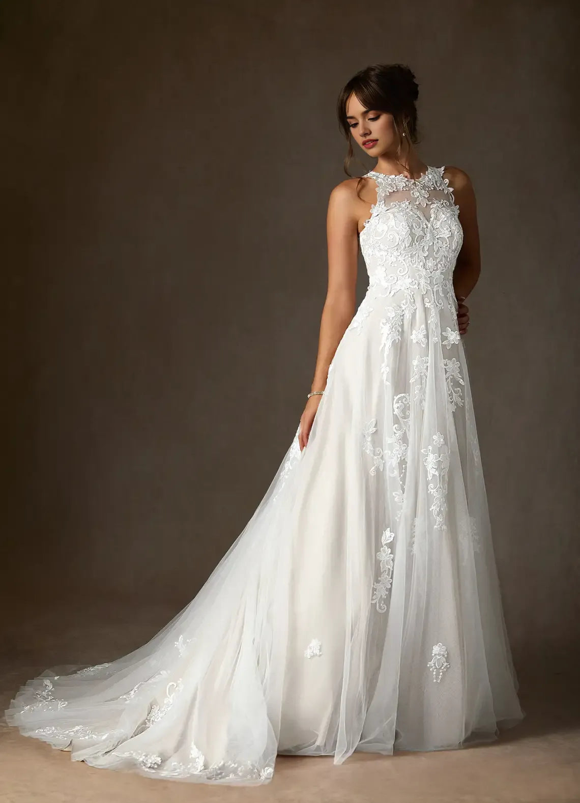Unique High Neck A-Line Sweetheart Lace Tulle Wedding Dress Sheer Illusion Bodice Floral Appliqués Tulle Ball Gown Train Premium Pick for Fashion