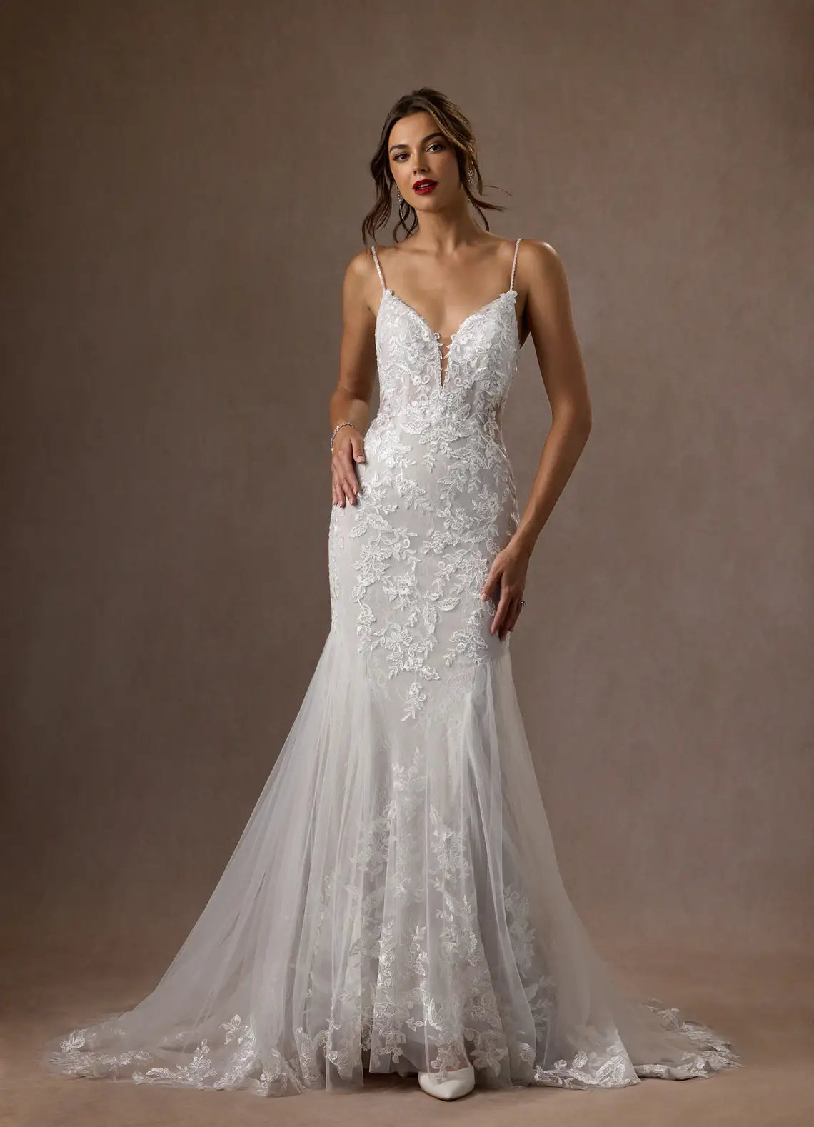 Unique Off Shoulder Mermaid V-Neck Sequins Tulle Cape Wedding Dress Sheer Tulle Floral Lace Appliqués Plunging Sequins Silhouette Train