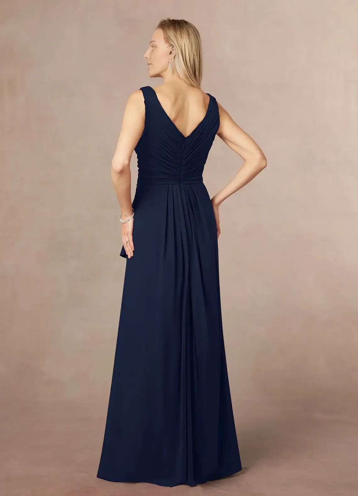 Vintage Dark Navy A-Line Pleated Chiffon Mother of the Bride Dress with One - Shoulder Draped Sleeve Boat Neckline and Flattering Mermaid Hem for Timeless Wedding Occasions