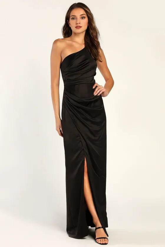 of Elegance Black Satin One-Shoulder Evening Dresses – LUODILAN DRESS