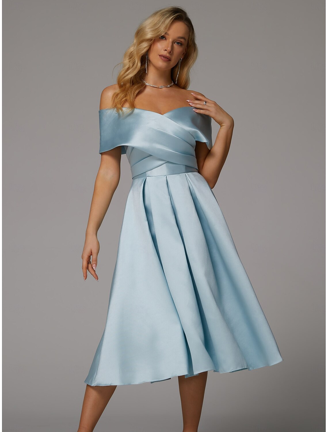 A-Line Cocktail Dresses Elegant Dress Wedding Guest Homecoming Tea Length Short Sleeve V Neck Satin V Back with Pleats Derby Dresses