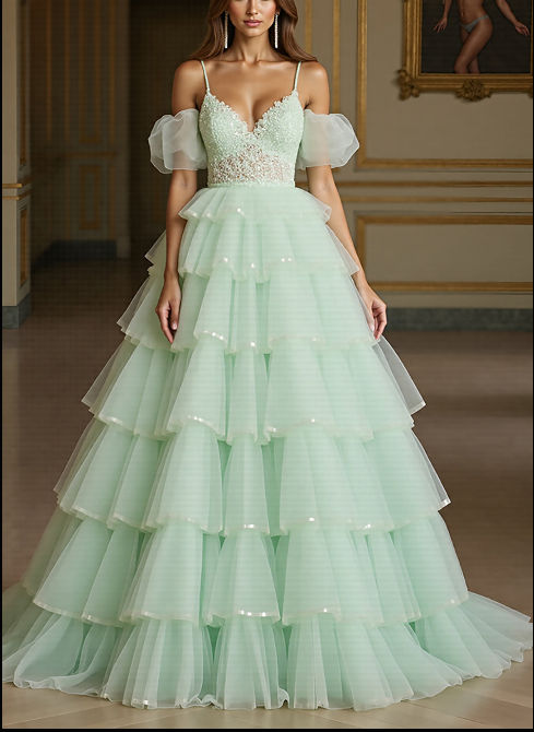 Green Tulle Ball Gown Long V-Neck Prom Dress with Appliques