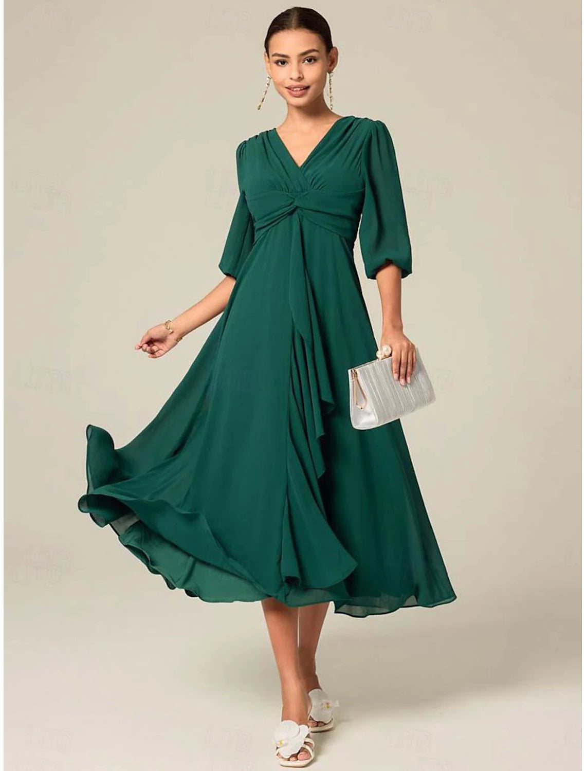 Women's Midi Dress Green Solid Color V-Neck Half Sleeve Ruffled Sophisticated Chic Zip-Back Summer Semi-Formal Wedding Party Evening Elegant Flowy Lightweight Appare
