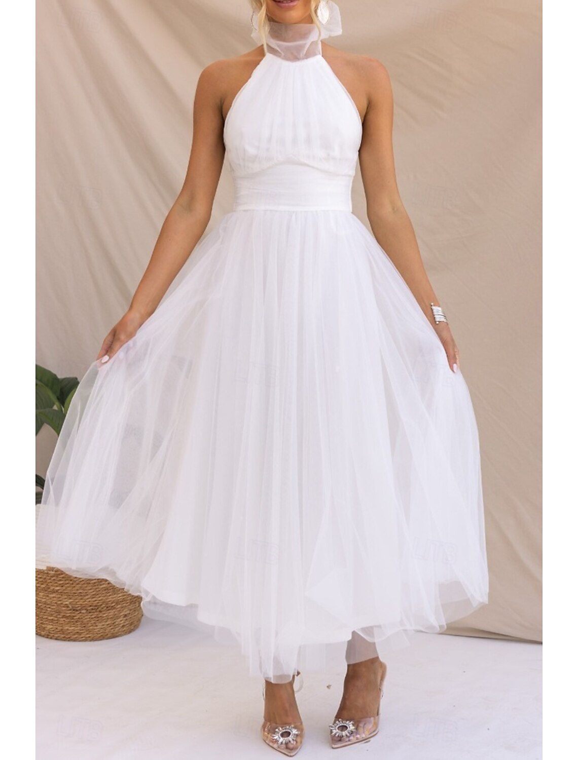 Women's Midi Dress Cocktail Dress Halter Neck Dress Elegant Fashion Party Birthday Tea Party Regular Fit Plain Sleeveless Halter Neck White Pink Apricot Summer