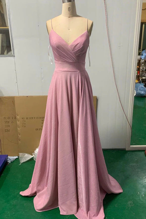 Pink V-neck long prom dress A-line evening dress