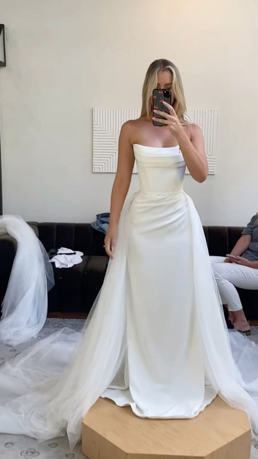 White Strapless Long Wedding Dress Princess Bridal Gown